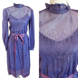 Vintage 70s 80s Lace Doily Overlay Longsleeve Midi Dress Purply Blue w Slip | XS